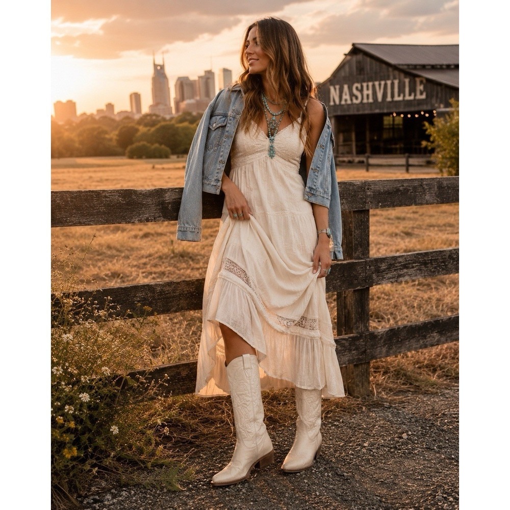 Western America Luxe Ivory Leather Cowboy Boots Women's 8 Square Toe